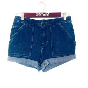 Free People Womens Patch Pocket High Waist Blue Denim Cuff Shorts Size 26 Summer